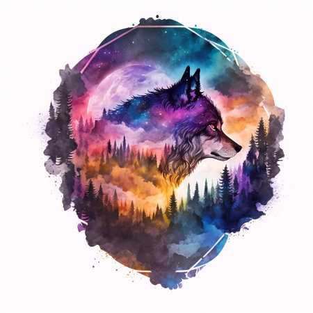 Watercolor illustration of a wolf in the forest against the background of the moon.の素材