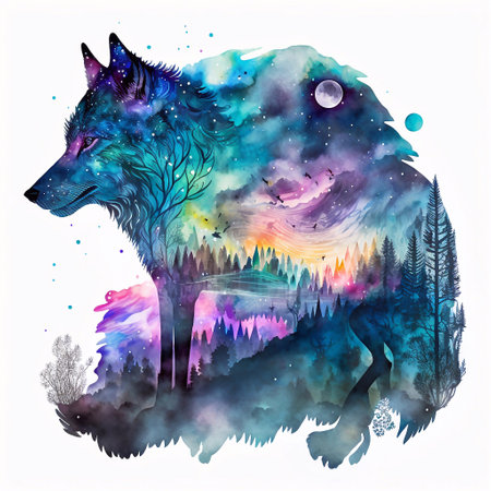 Watercolor illustration of a wolf in the forest at night. Vector illustration.の素材