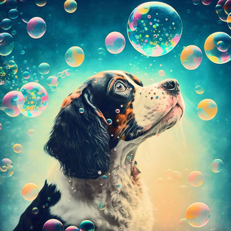 Cute dog and soap bubbles. Photo in old color image style.の素材