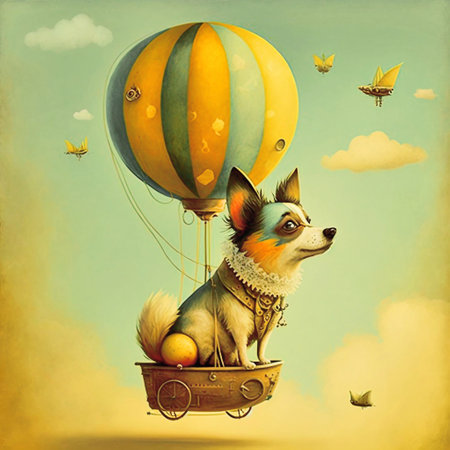 Cute Chihuahua dog in a hot air balloon. Vintage style.の素材