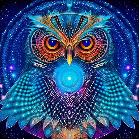 Ornamental owl with open wings. Dream catcher in cosmic space.の素材