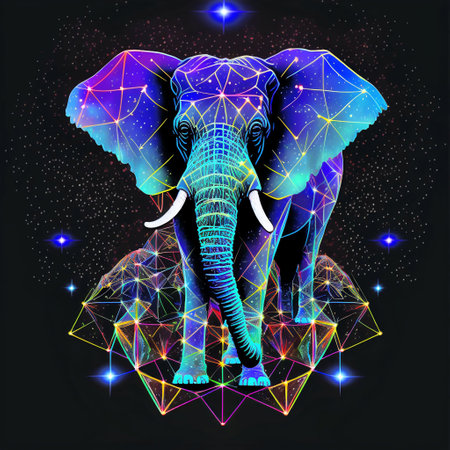 Abstract vector illustration of an elephant with low poly background. Polygonal design.の素材