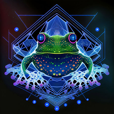 Frog and Sacred geometry symbol on the black background. Vector illustration.の素材
