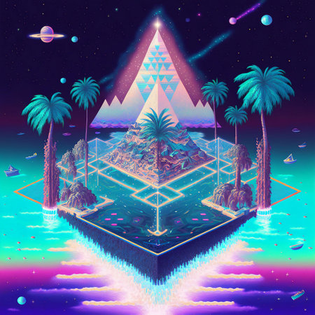 Futuristic isometric background. Futuristic landscape with palm trees, mountains and planets.の素材