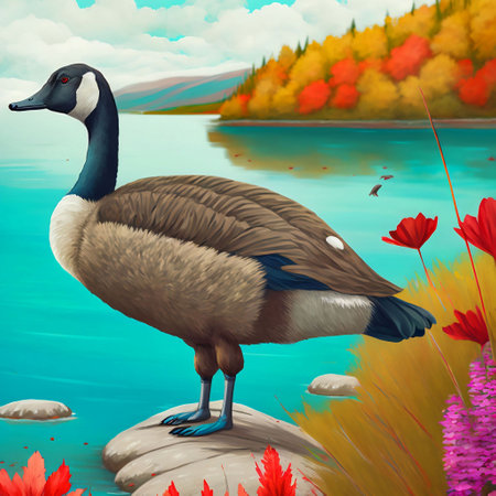cartoon scene with geese on the shore of lake - illustration for childrenの素材