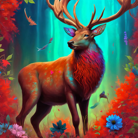 Digital painting of a wild deer in the forest with flowers and birdsの素材