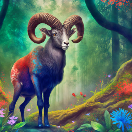Mouflon in the forest. Digital painting. Fantasy illustration.の素材