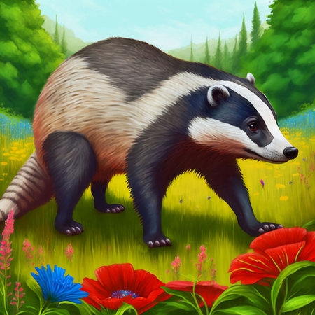 cartoon scene with badger on meadow - illustration for childrenの素材