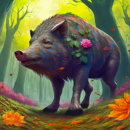Wild boar in the forest. 3D illustration. Digital painting.の素材