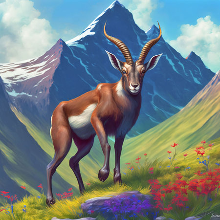 cartoon scene with gazelle on the meadow and mountains - illustration for childrenの素材