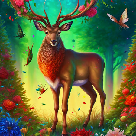 Deer in the forest with flowers and butterflies. Digital painting.の素材