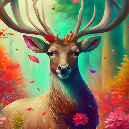 Cartoon deer in the forest. Digital painting. Colorful illustration.の素材