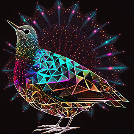 Colorful bird on black background with colorful bokeh. Vector illustration.の素材