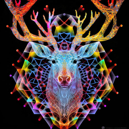 Deer head with multicolor geometric pattern on black background.の素材