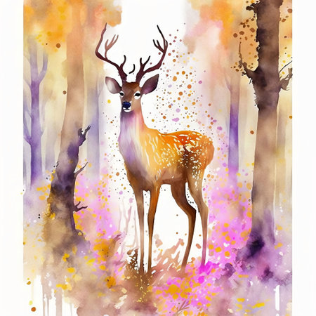 Watercolor deer in the forest. Hand drawn illustration for your designの素材