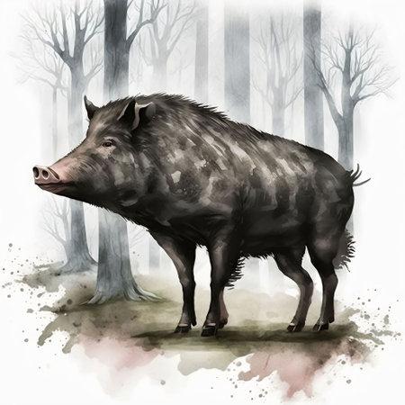 Illustration of a wild boar in a foggy forest.の素材