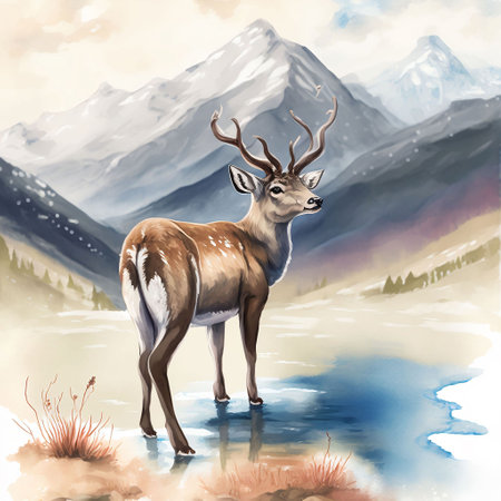 Watercolor illustration of a deer on the background of mountains and lakeの素材