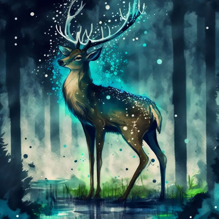 Watercolor painting of a deer in the forest on a dark backgroundの素材