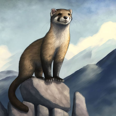 Digital painting of a weasel sitting on a rock in the mountainsの素材