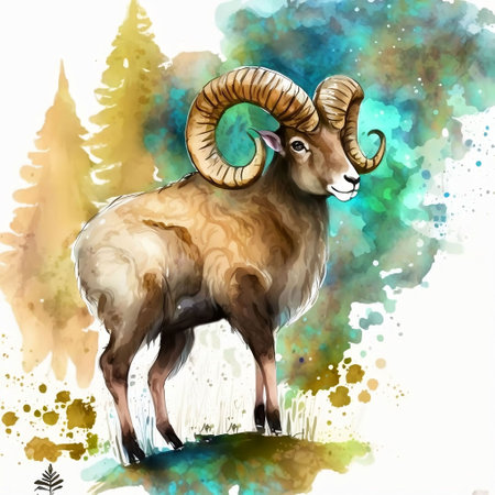 Watercolor hand drawn illustration of a ram on a green background.の素材