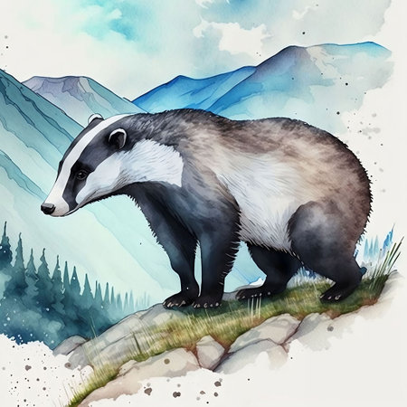 Watercolor illustration of a badger in the mountains. Wild animal.の素材