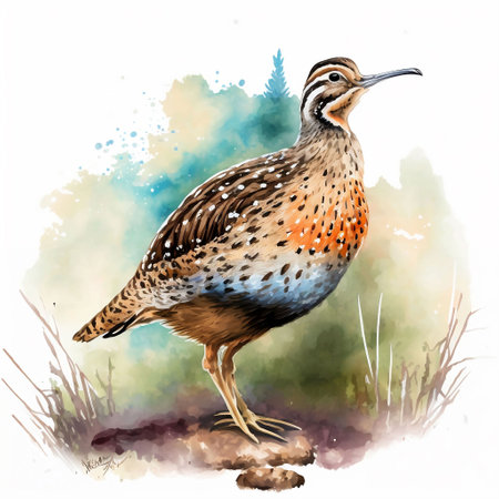 Watercolor illustration of a quail on a background of watercolor spotsの素材