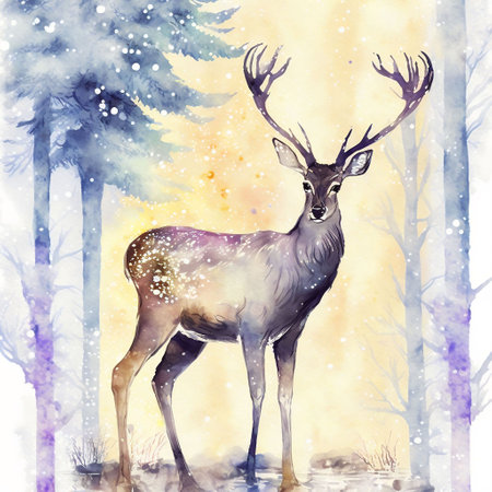 Watercolor illustration of a deer in winter forest with snowflakesの素材