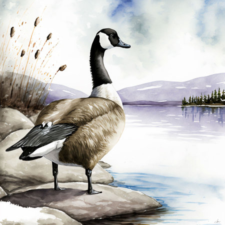 Watercolor illustration of a Canada Goose standing on a rock by a lake.の素材