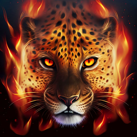 Leopard head on fire. Wild animal portrait. Vector illustration.の素材
