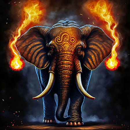 Indian elephant on fire background. Fire and smoke. Indian elephant.の素材