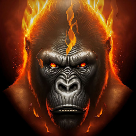 Angry gorilla in flames, isolated on black background, 3d illustrationの素材