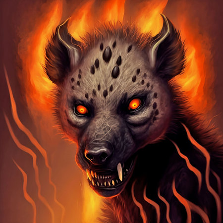 Bloody hyena with fire flames in the background, digital illustrationの素材