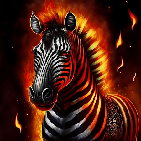 Zebra head with fire flames on a black background. Vector illustration.の素材