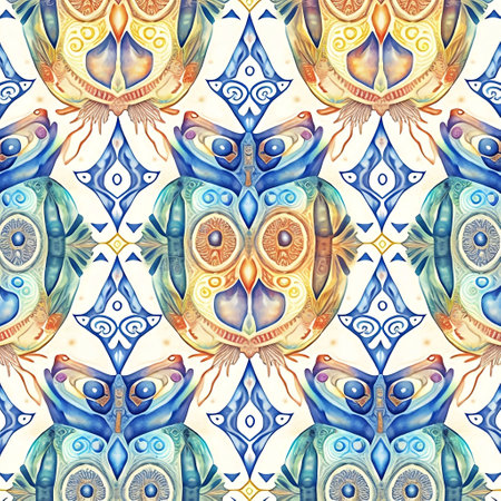 Seamless pattern with watercolor owls. Hand drawn illustration.の素材