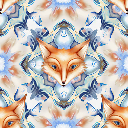 Seamless pattern with watercolor fox heads. Hand drawn illustration.の素材