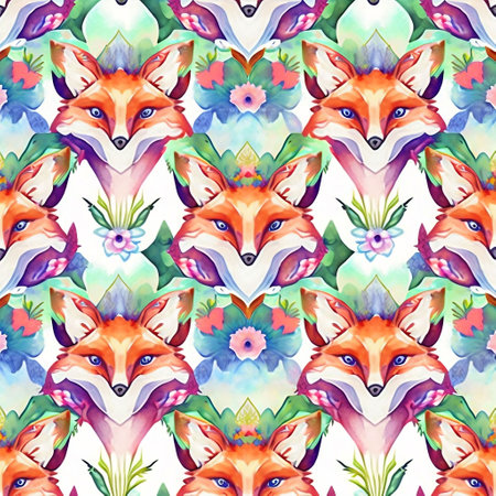 Seamless pattern with watercolor foxes. Vector illustration.の素材