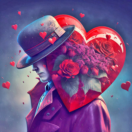 Valentine's Day. A man in a hat with a bouquet of red roses and a heart.の素材