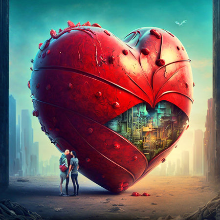 Man and woman looking at the big heart on the background of the cityの素材