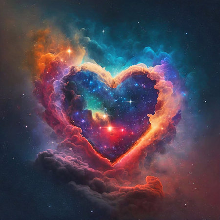 Heart in space with stars and nebula. 3D illustration.の素材