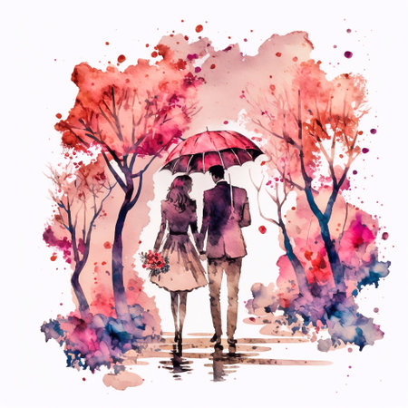 Couple under an umbrella in the rain. Watercolor illustration.の素材
