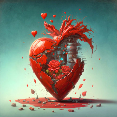 Broken heart with splashes of red paint. 3d illustrationの素材