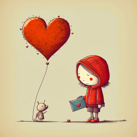 Little boy and girl with a heart-shaped balloon. Vector illustration.の素材