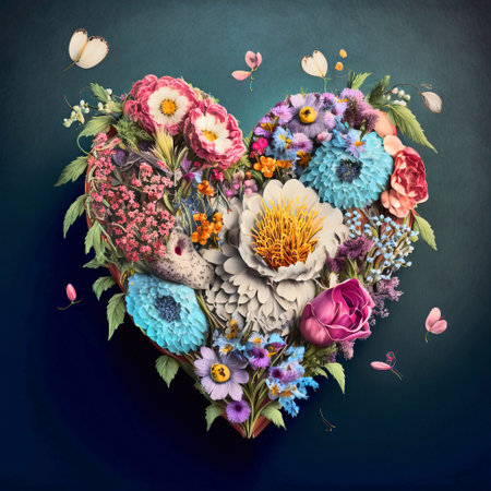 Beautiful heart-shaped bouquet of flowers on a blue backgroundの素材