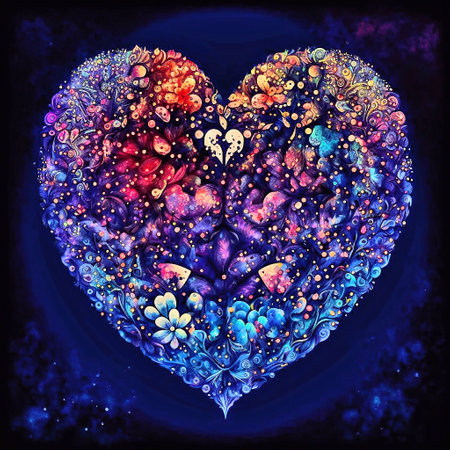 Colorful heart with floral ornament on dark blue background. Vector illustration.の素材