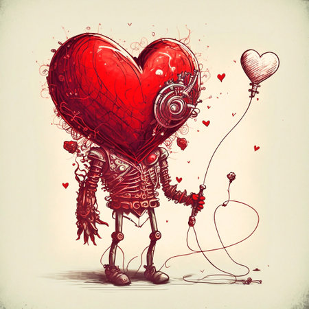 Sketch of a robot holding a heart shaped balloon. Vector illustration.の素材
