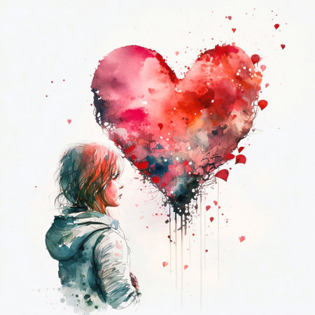 Watercolor illustration of a girl and a red heart on a white backgroundの素材