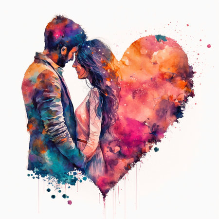 Watercolor illustration of a young couple in love with a heart.の素材