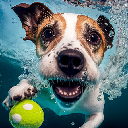 Funny jack russell terrier dog playing with ball underwater.の素材