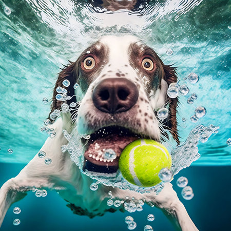 Dog swimming underwater with a tennis ball and a tennis ball in his mouthの素材
