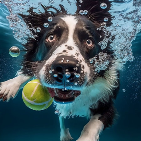 Funny portrait of cute smiling puppy dog border collie playing with tennis ball underwater. Pet care and animals concept.の素材